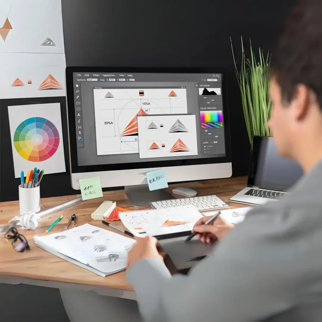 A man working on a computer displaying a design.