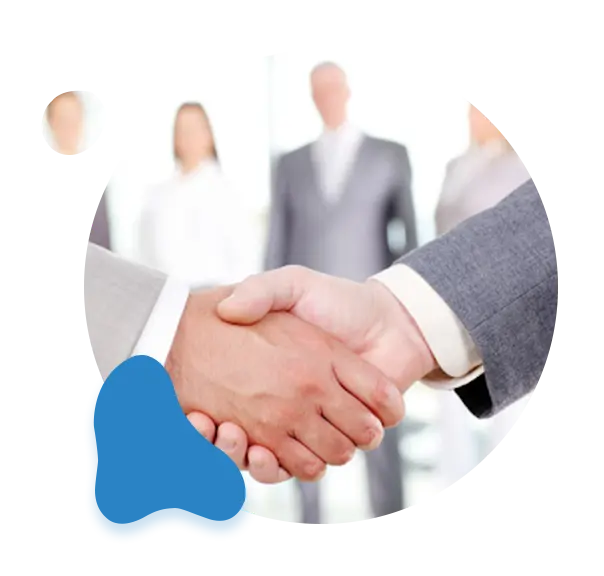 A business handshake with a blue circle, symbolizing trust and partnership.